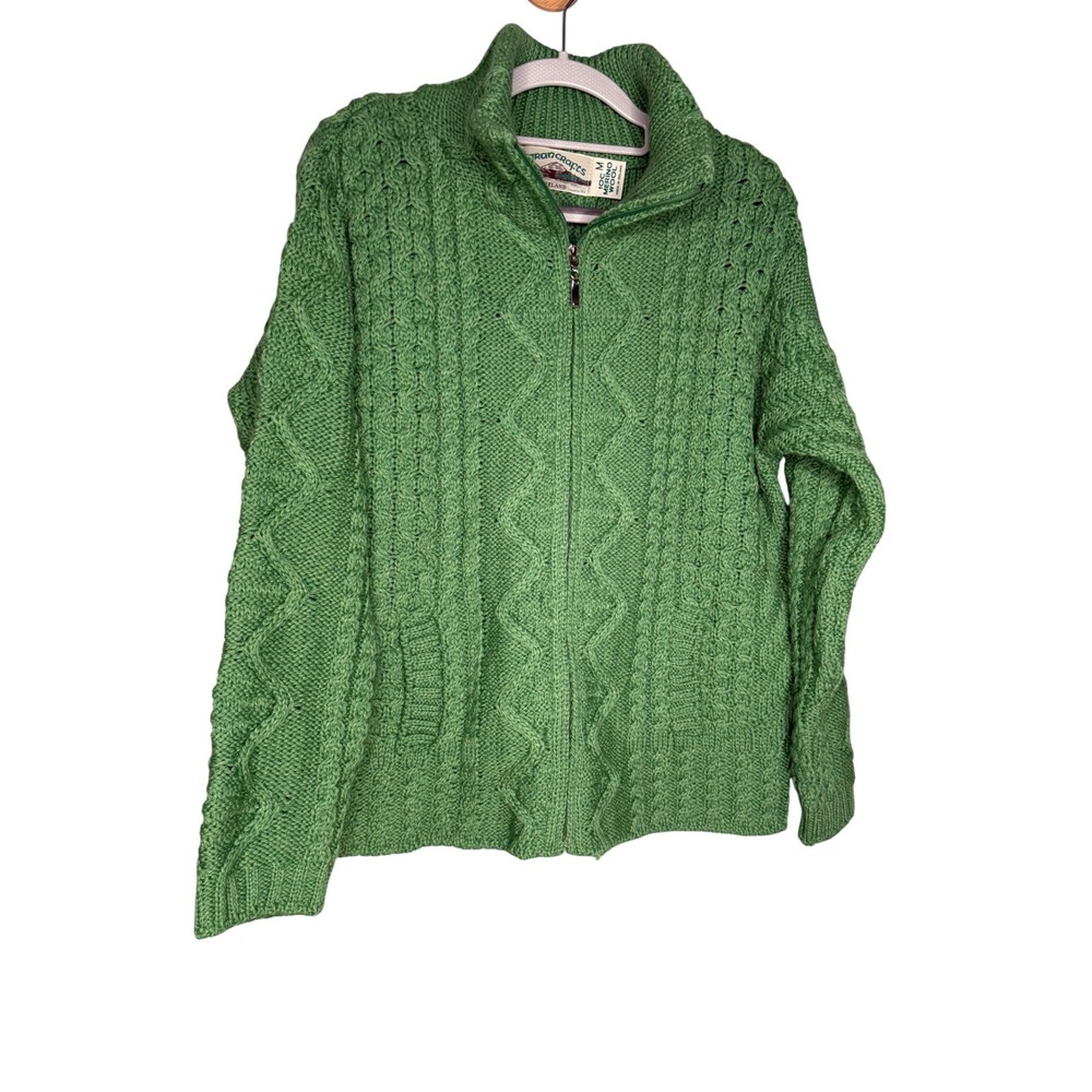 Aran Crafts cable knit full zip wool sweater Irish in green